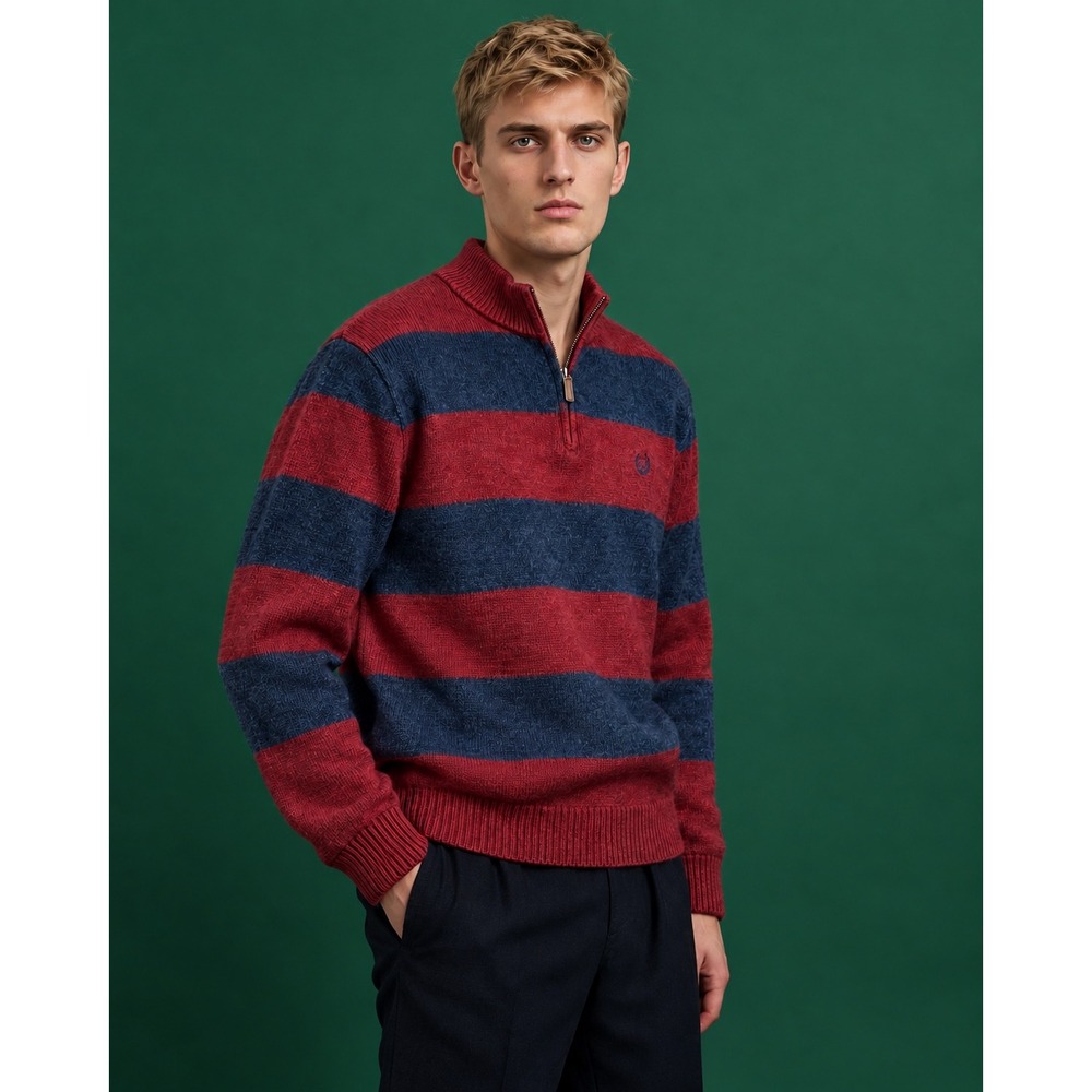 Chaps Mens Large Burgundy Navy Blue Striped 100% Cotton Quarter Zip Sweater